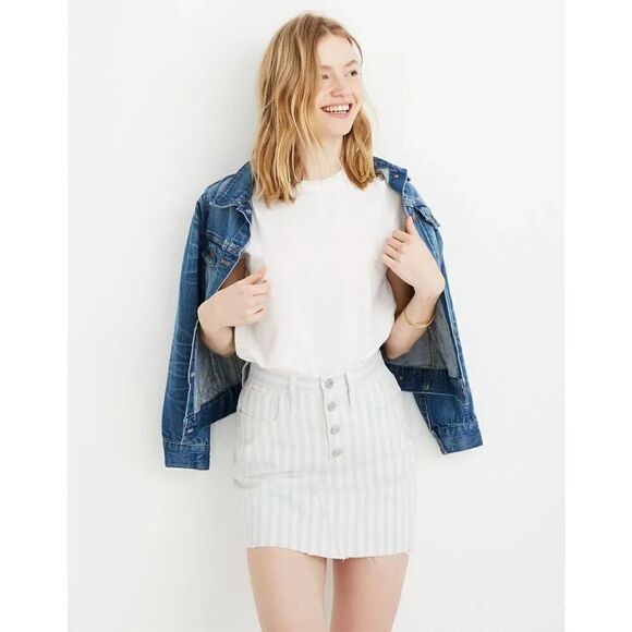 Madewell Stretch A-Line Mini Skirt in Pompano Stripe: Button-Front Edition - Picture 1 of 6